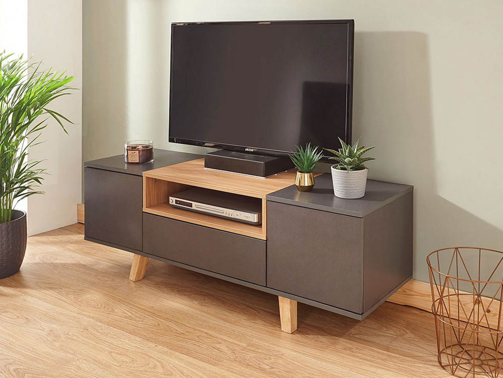 GFW GFW Modena Grey and Oak Effect 2 Door 1 Drawer TV Cabinet (Flat Packed)