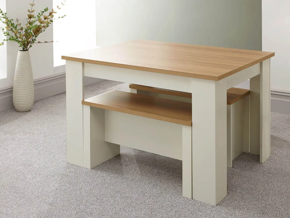 GFW GFW Lancaster 150cm Cream and Oak Dining Table and 2 Bench Set