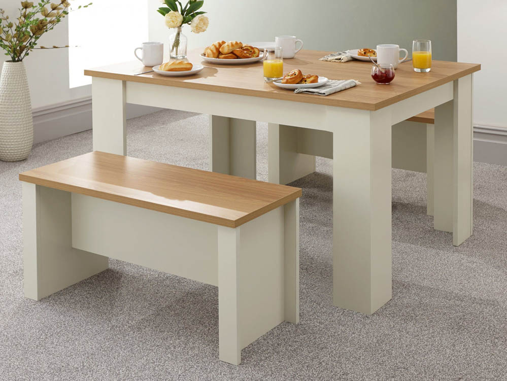 GFW GFW Lancaster 150cm Cream and Oak Dining Table and 2 Bench Set