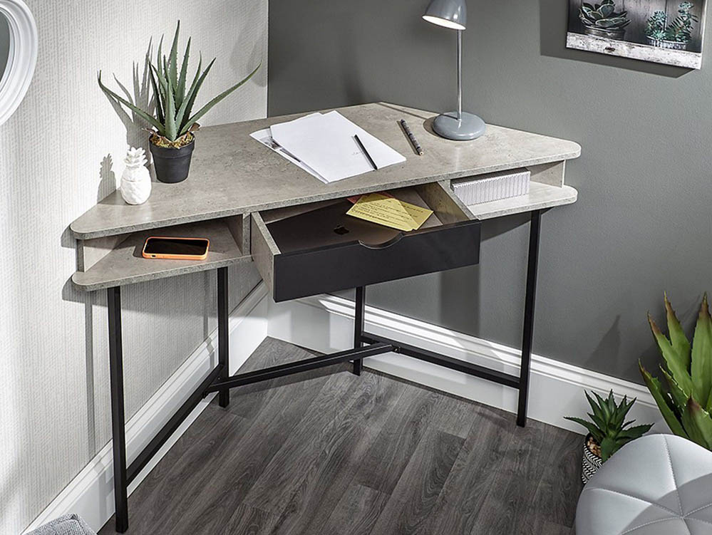 GFW GFW Telford Concrete Effect and Black 1 Drawer Corner Desk (Flat Packed)