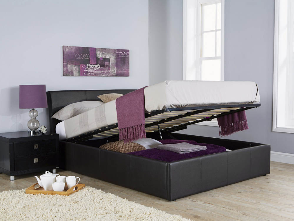 GFW Ascot 5ft King Size Black Upholstered Faux Leather Ottoman Bed