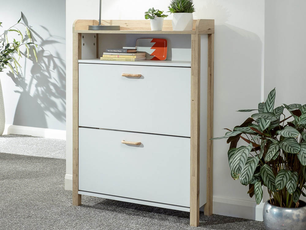 GFW GFW Berwick White and Light Oak 2 Tier Shoe Cabinet (Flat Packed)