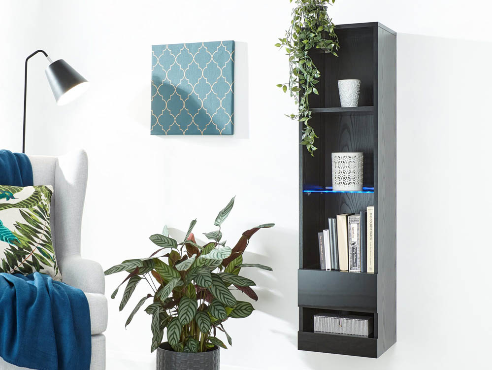 GFW GFW Galicia Black Tall Shelf Unit With LED (Flat Packed)