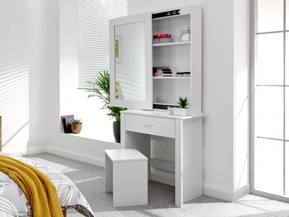 GFW GFW Hobson White 1 Drawer Mirrored Storage Unit and Stool (Flat Packed)