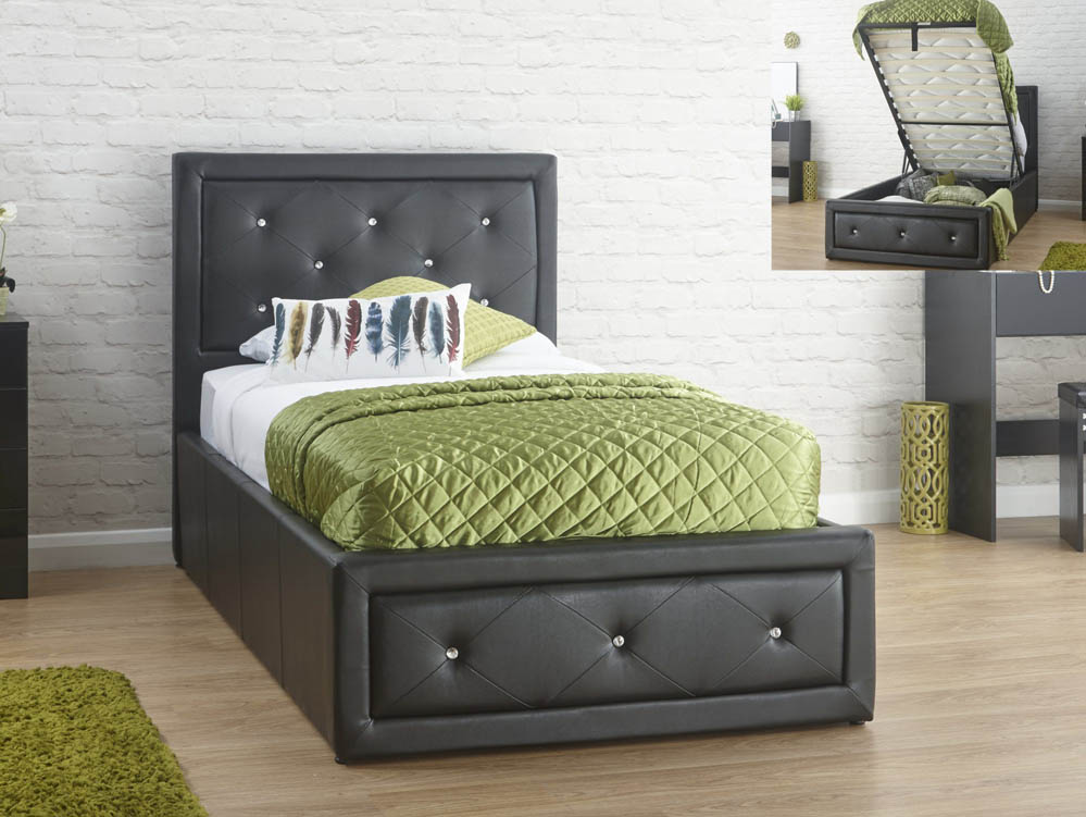 GFW GFW Hollywood 3ft Single Black Upholstered Faux Leather Ottoman Bed Frame DISC