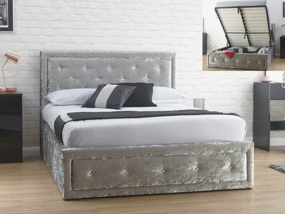Gfw Hollywood 5ft King Size Silver Crushed Velvet Upholstered Fabric Ottoman Bed Frame Archers Sleepcentre Gfw Hollywood 5ft King Size Silver, Hollywood King Bed Size
