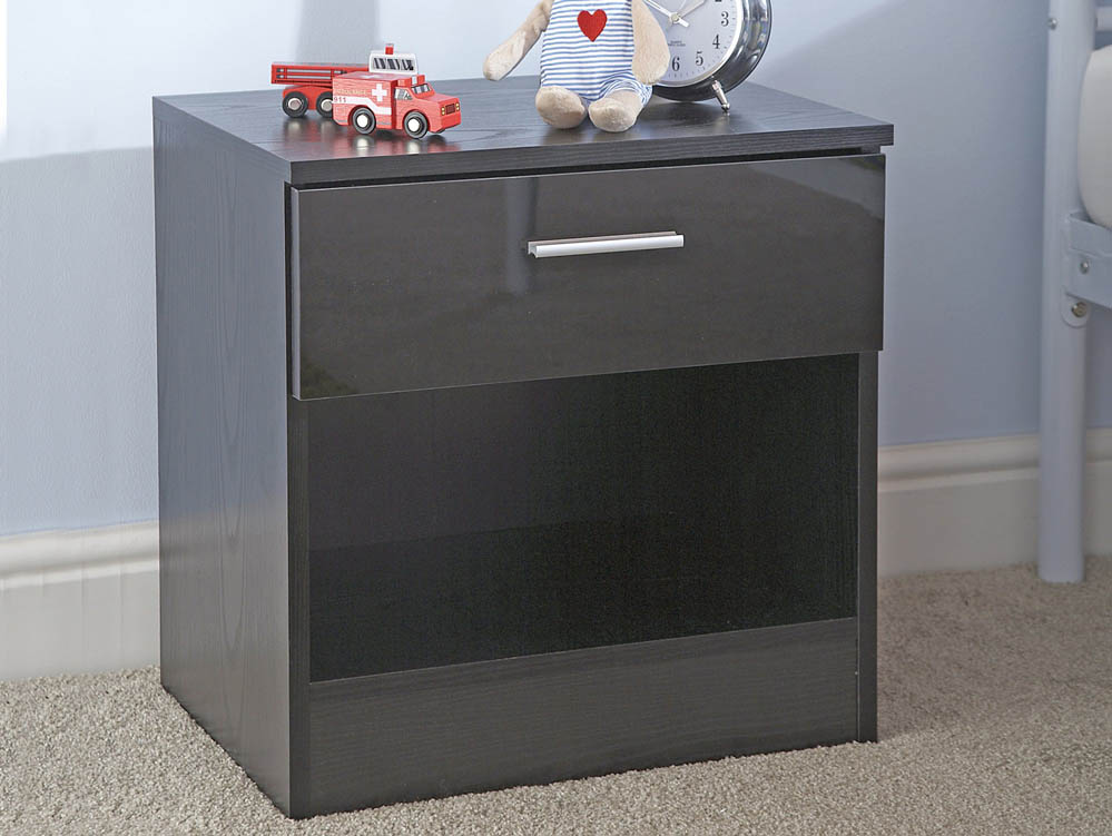 GFW GFW Ottawa Black High Gloss 1 Drawer Bedside Cabinet (Flat Packed)