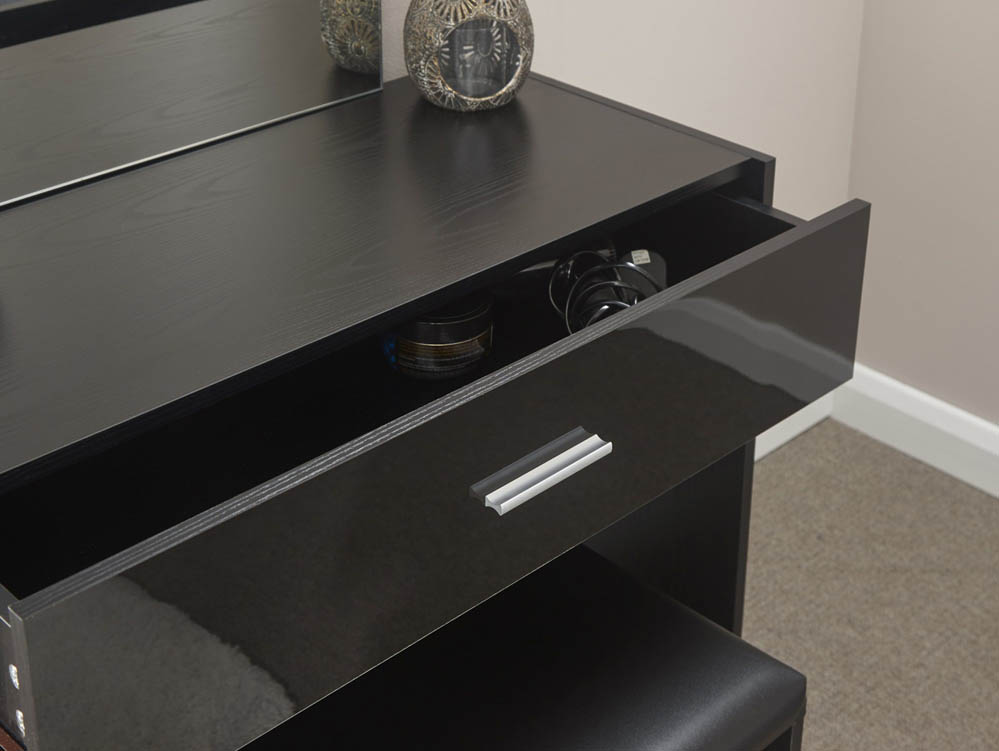 GFW GFW Ottawa Black High Gloss 1 Drawer Dressing Table and Stool (Flat Packed)