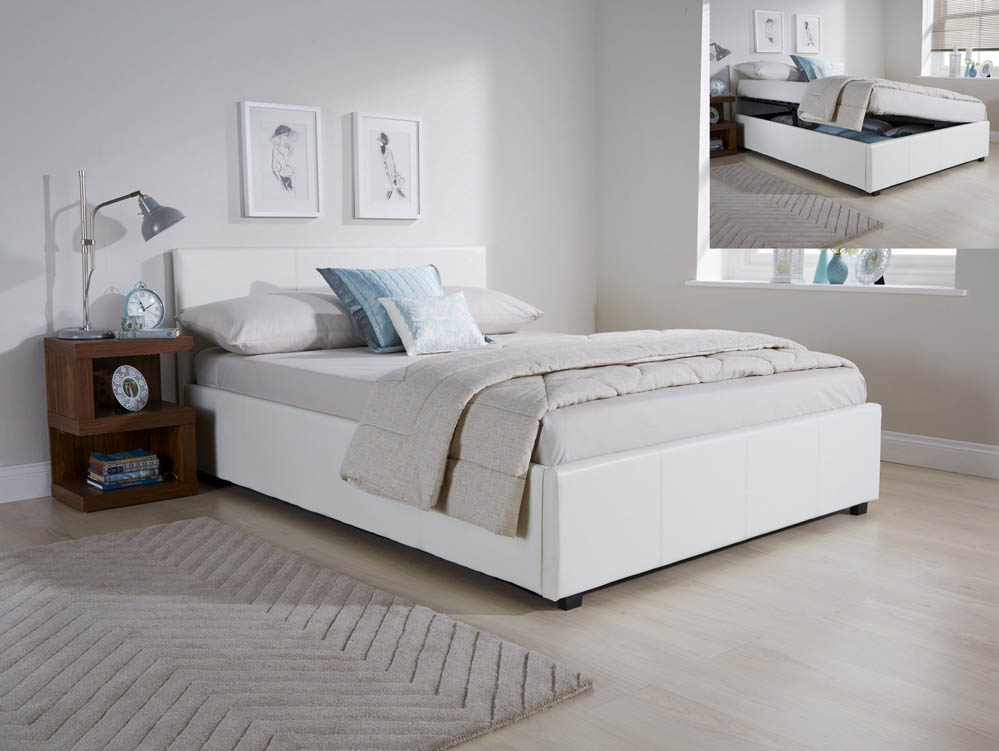 GFW GFW Ecuador 4ft Small Double White Upholstered Faux Leather Side Lift Ottoman Bed Frame
