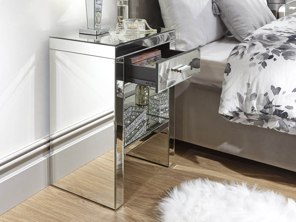 GFW GFW Venetian Clear Glass 1 Drawer Mirrored Bedside Cabinet (Assembled)