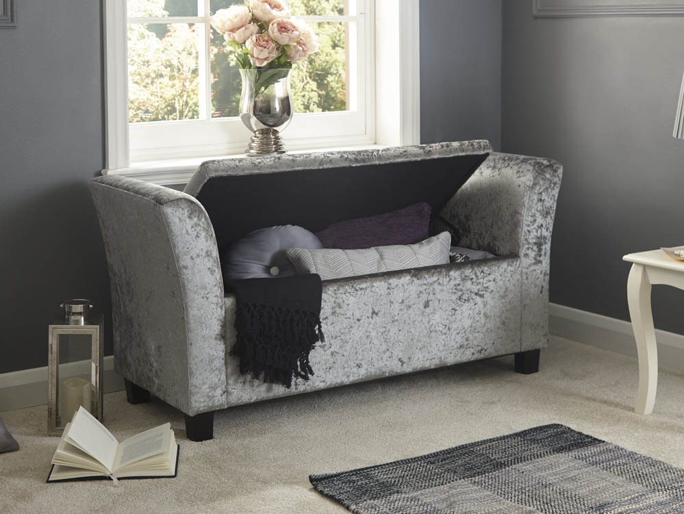 GFW GFW Verona Grey Crushed Velvet Upholstered Fabric Window Seat (Flat Packed)