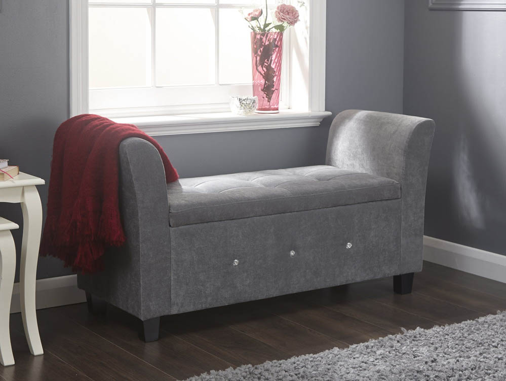 GFW GFW Verona Grey Chenille and Diamante Upholstered Fabric Window Seat (Flat Packed)