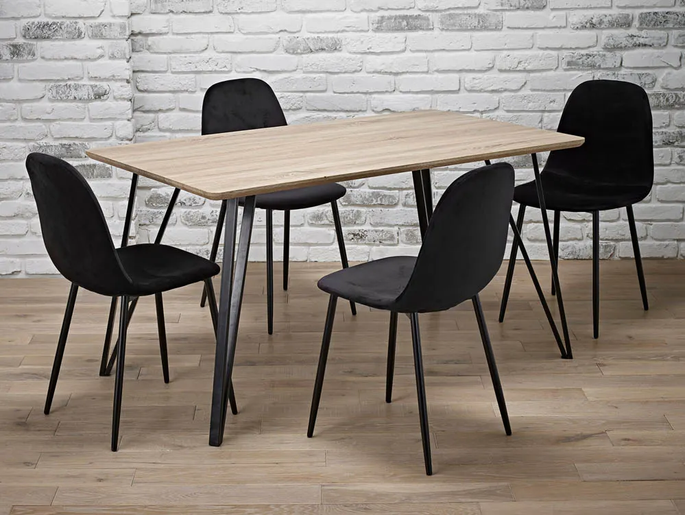 LPD Genoa Light Oak 140cm Dining Table and 4 Black Velvet Chair Set