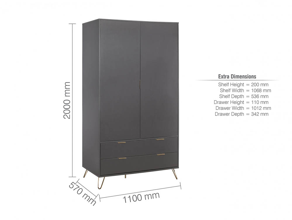 Birlea Birlea Arlo Charcoal 2 Door 2 Drawer Wardrobe (Flat Packed)