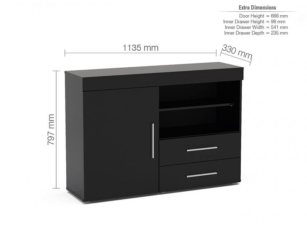 Birlea Birlea Edgeware Black High Gloss 1 Door 2 Drawer Sideboard (Flat Packed)