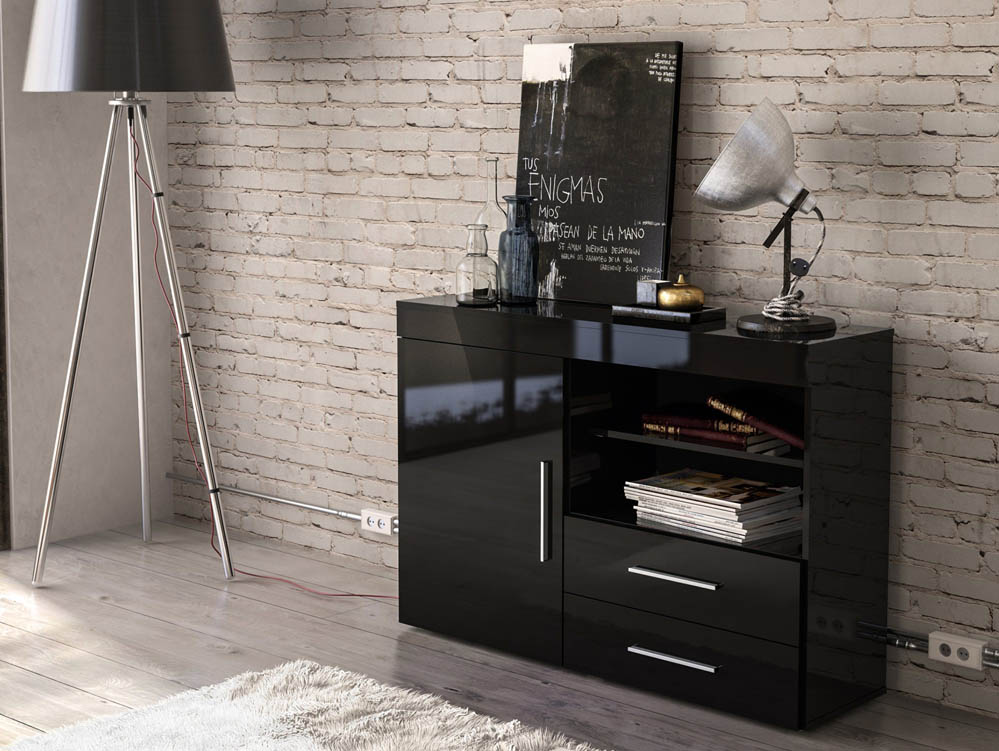 Birlea Birlea Edgeware Black High Gloss 1 Door 2 Drawer Sideboard (Flat Packed)