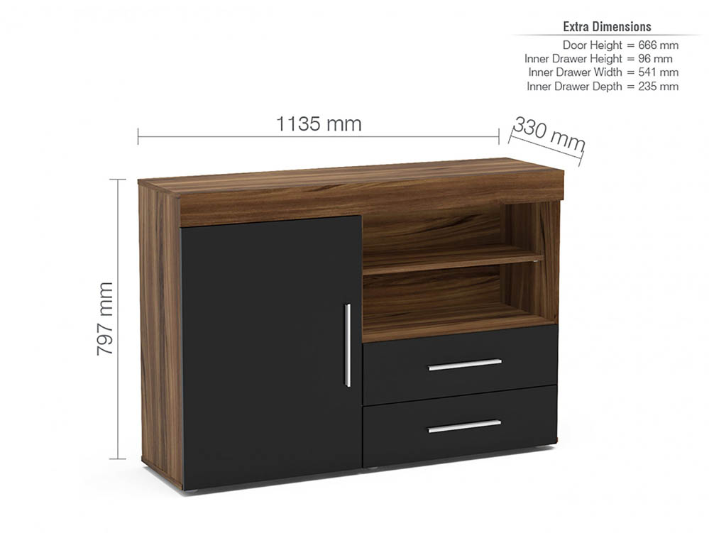 Birlea Birlea Edgeware Walnut and Black High Gloss 1 Door 2 Drawer Sideboard (Flat Packed)