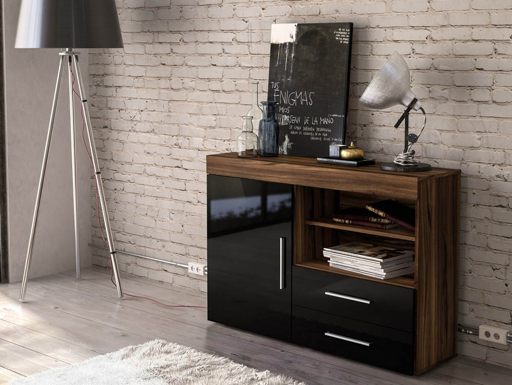 Birlea Birlea Edgeware Walnut and Black High Gloss 1 Door 2 Drawer Sideboard (Flat Packed)