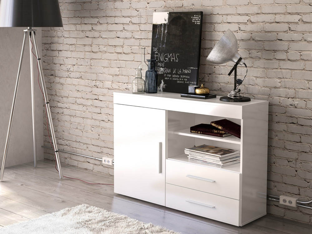 Birlea Birlea Edgeware White High Gloss 1 Door 2 Drawer Sideboard (Flat Packed)