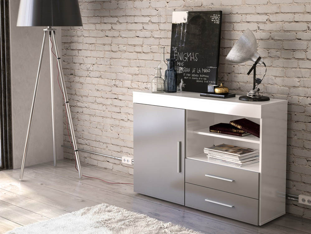 Birlea Birlea Edgeware White and Grey High Gloss 1 Door 2 Drawer Sideboard (Flat Packed)