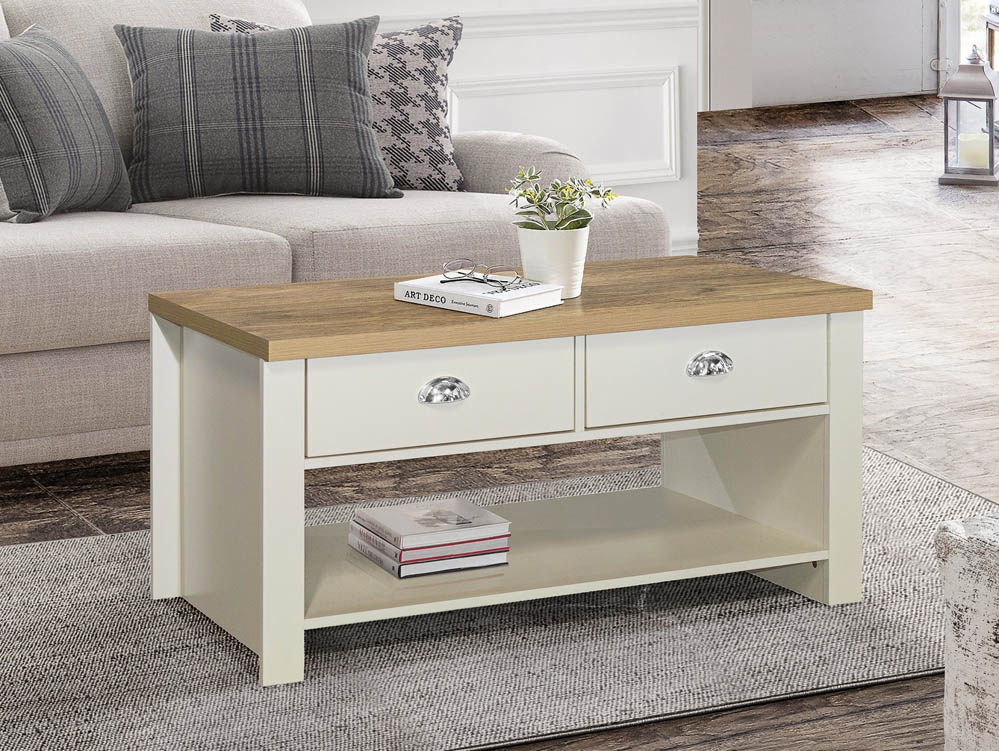 Birlea Birlea Highgate Cream and Oak Effect 2 Drawer Coffee Table (Flat Packed)