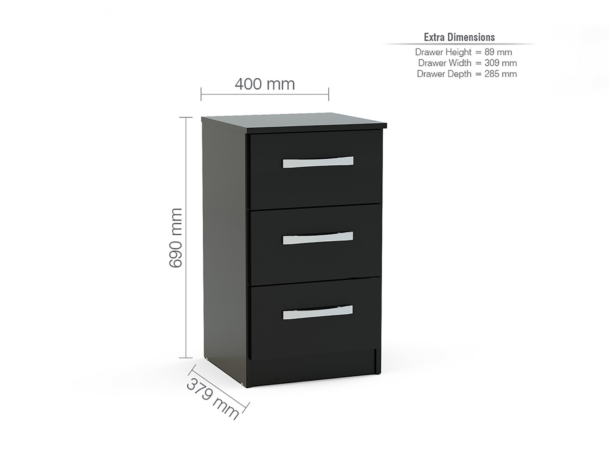 Birlea Birlea Lynx Black High Gloss 3 Drawer Bedside (Flat Packed)