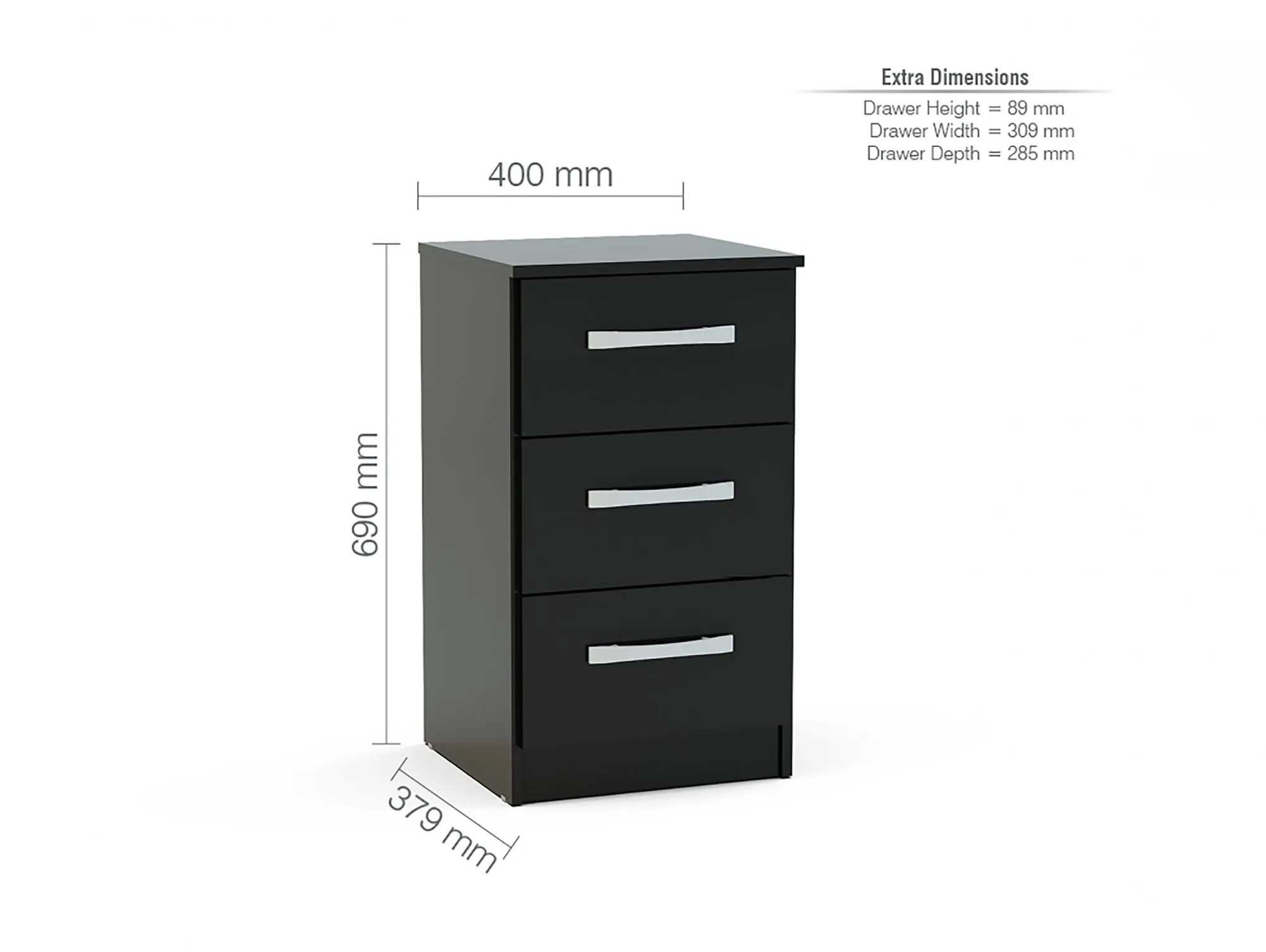 Birlea Furniture & Beds Birlea Lynx Black High Gloss 3 Drawer Bedside Cabinet