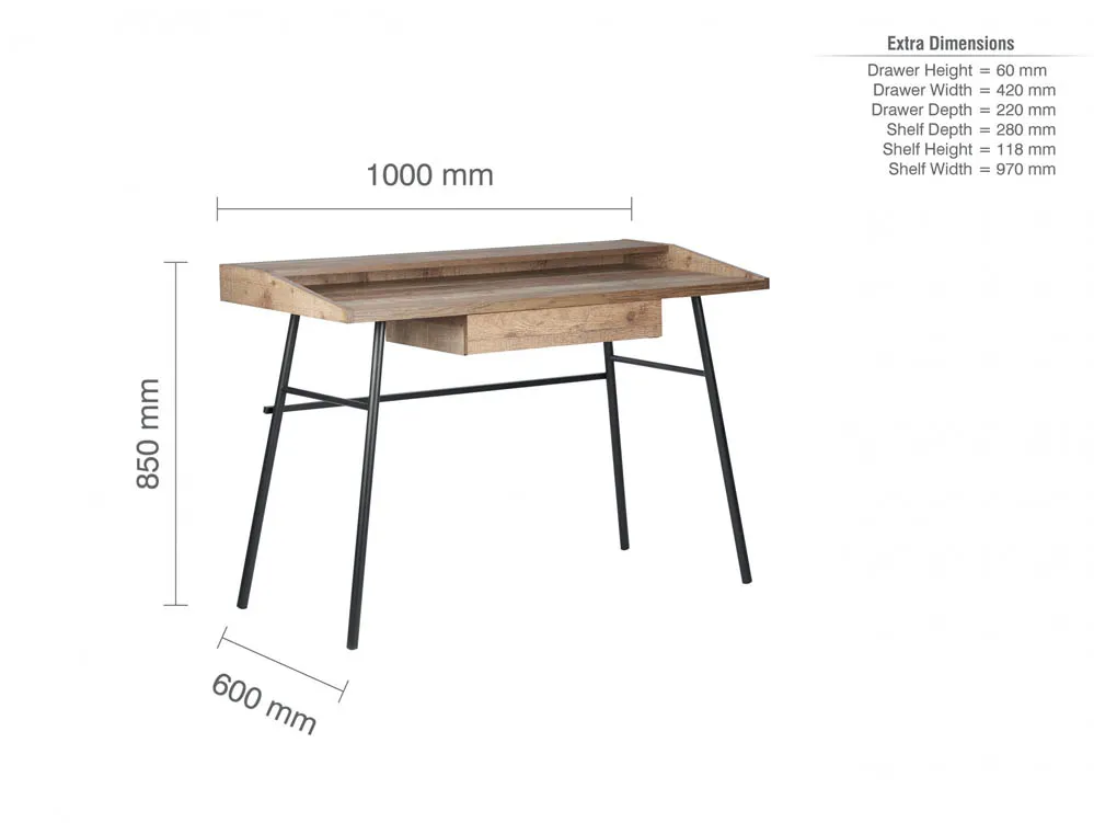 Birlea Urban Rustic 1 Drawer Office Desk With Shelf