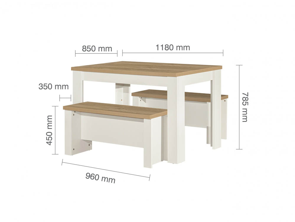 Birlea Birlea Highgate Cream and Oak Dining Table and 2 Bench Set (Flat Packed)