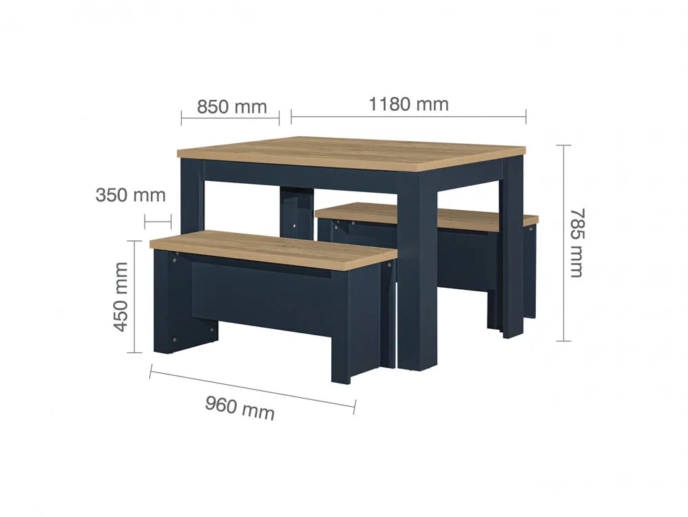 Birlea Birlea Highgate Navy and Oak Dining Table and 2 Bench Set