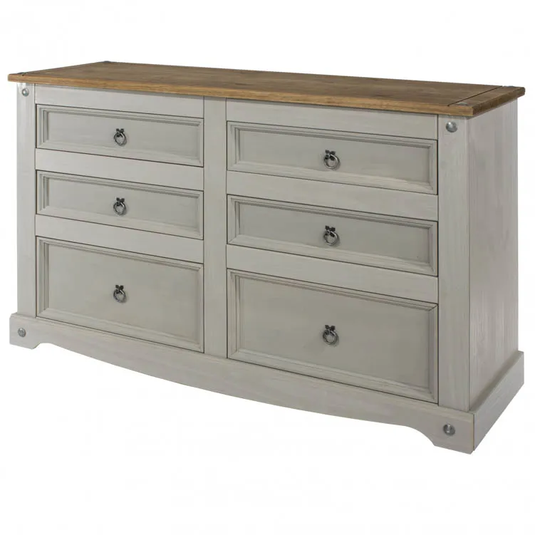 Core Core Corona Grey and Waxed Pine 3+3 Drawer Wide Chest of Drawers