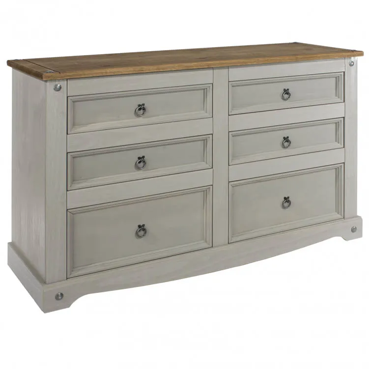 Core Core Corona Grey and Waxed Pine 3+3 Drawer Wide Chest of Drawers