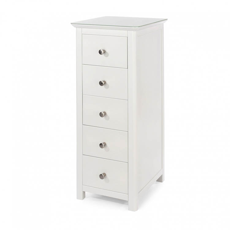 Core Products Core Nairn White with Bonded Glass 5 Drawer Narrow Chest of Drawers (Flat Packed)