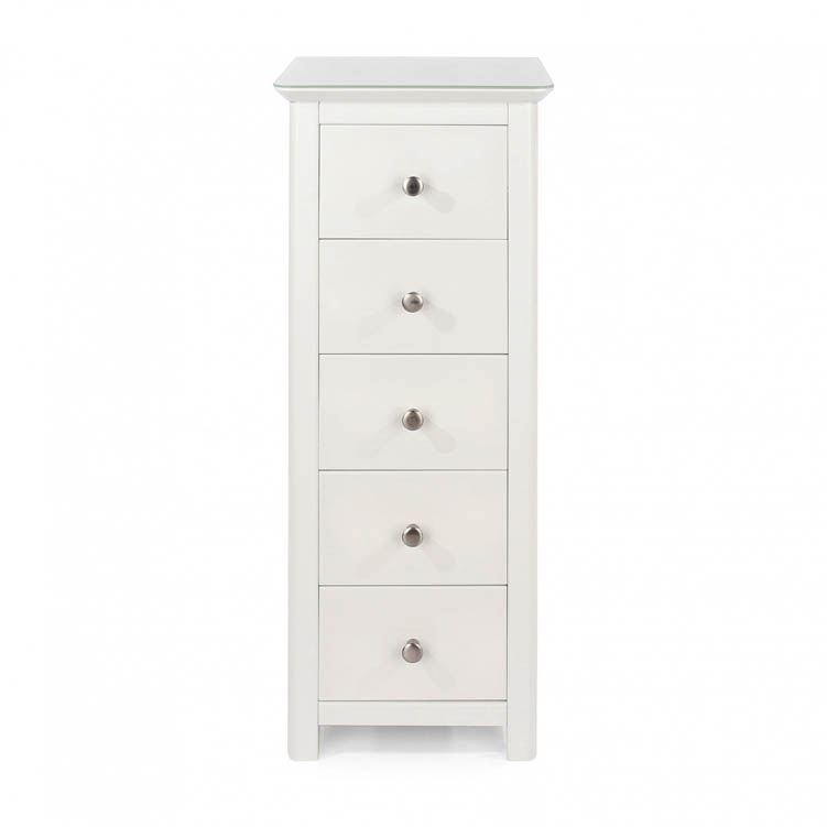 Core Products Core Nairn White with Bonded Glass 5 Drawer Narrow Chest of Drawers (Flat Packed)