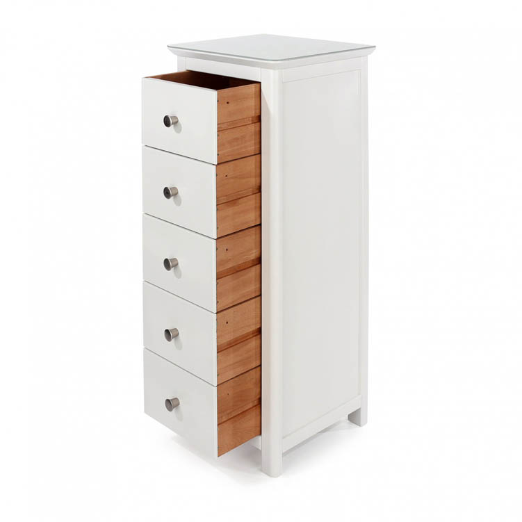Core Products Core Nairn White with Bonded Glass 5 Drawer Narrow Chest of Drawers (Flat Packed)
