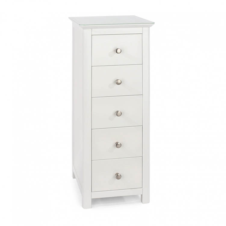 Core Products Core Nairn White with Bonded Glass 5 Drawer Narrow Chest of Drawers (Flat Packed)