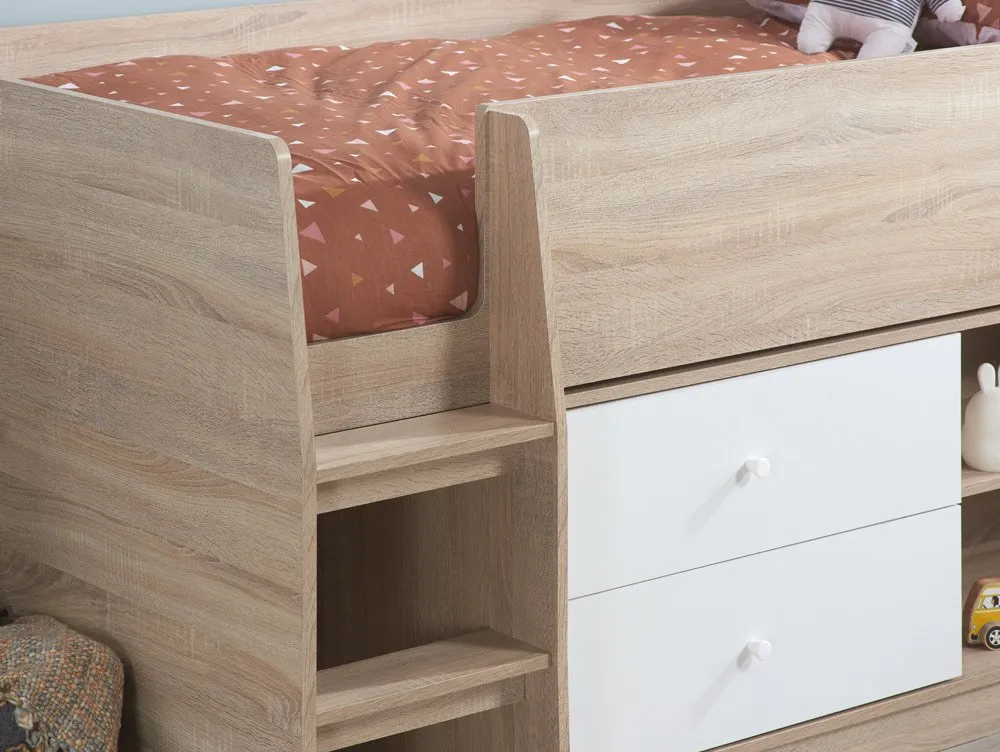 Birlea Furniture & Beds Birlea Leyton 3ft Single White and Oak Effect Cabin Bed Frame