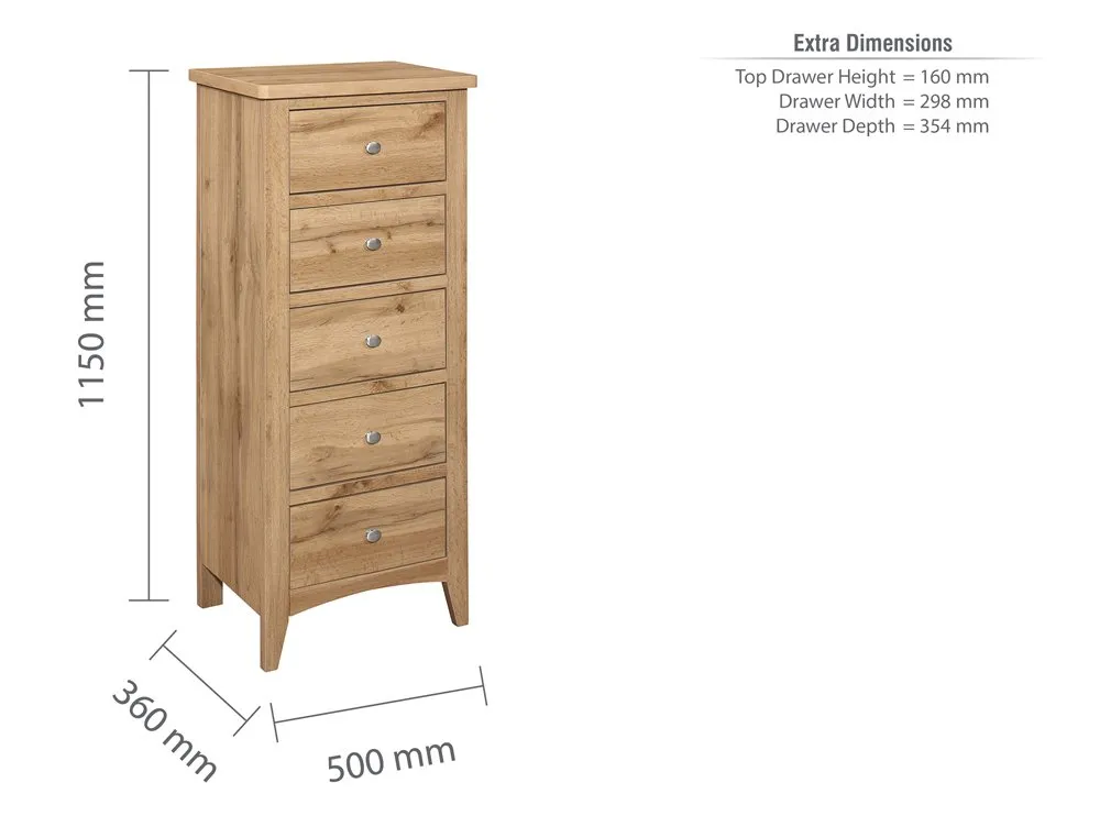 Birlea Birlea Hampstead Oak 5 Drawer Tall Narrow Chest of Drawers