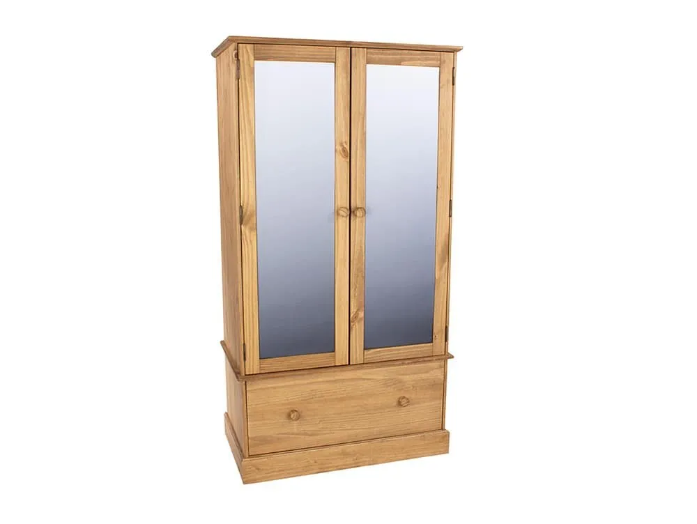 Core Products Core Cotswold 2 Door 1 Drawer Mirrored Pine Wooden Double Wardrobe