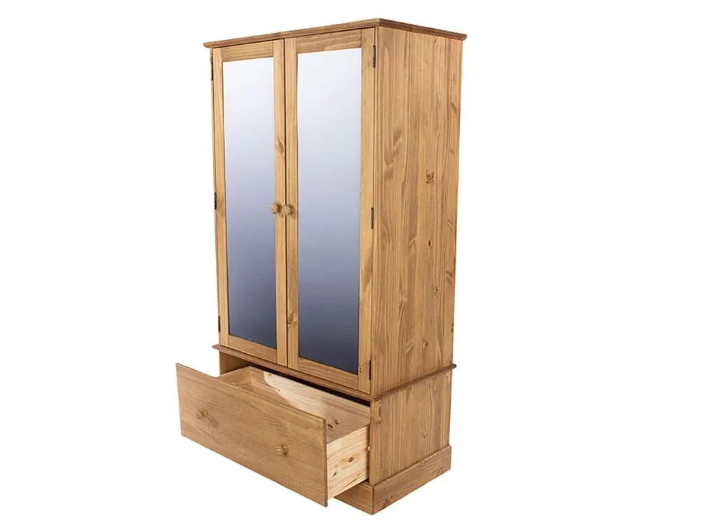 Core Core Cotswold 2 Door 1 Drawer Mirrored Pine Wooden Double Wardrobe
