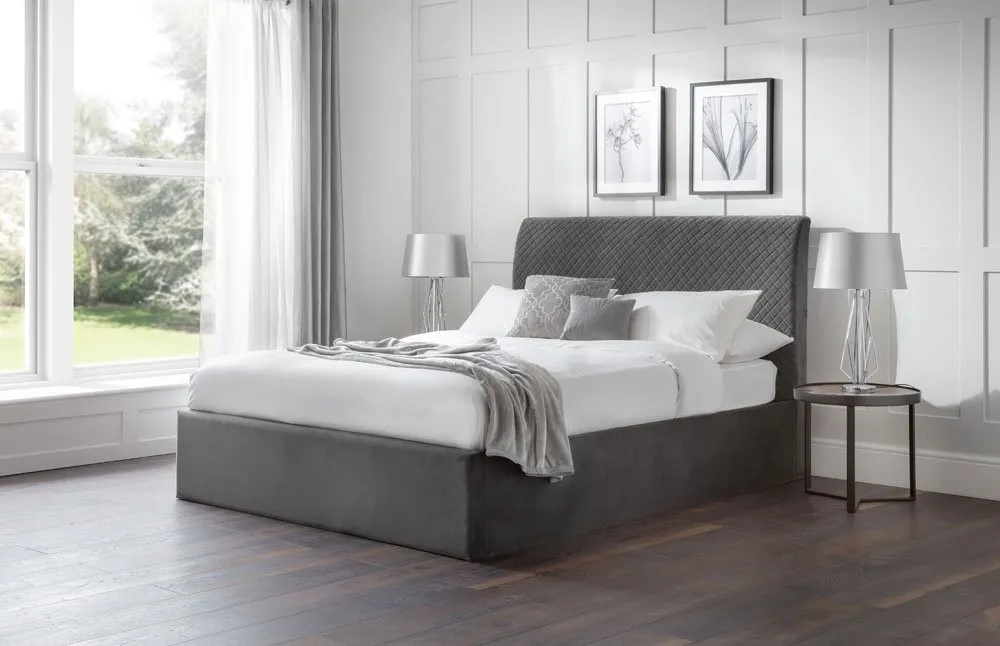 Julian Bowen Sanderson Diamond 5ft King Size Grey Quilted Velvet Fabric Ottoman Bed Frame