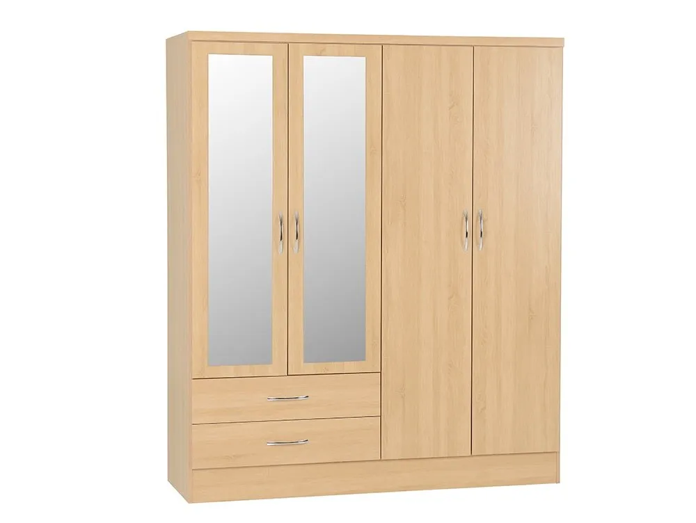 Seconique Seconique Nevada Sonoma Oak 4 Door 2 Drawer Mirrored Wardrobe