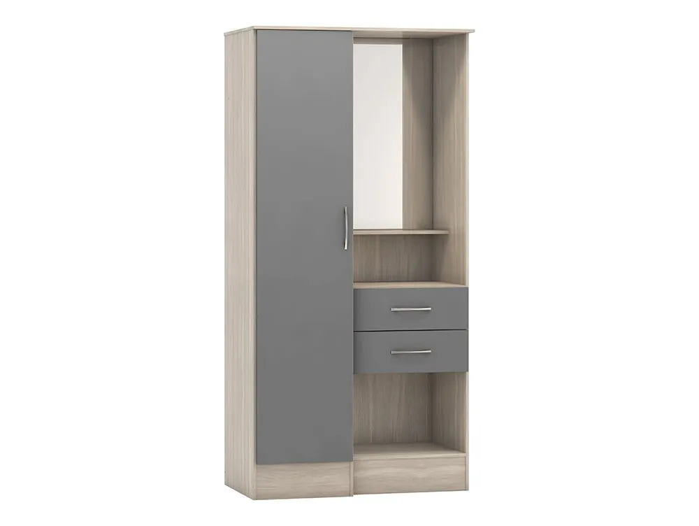 Seconique Seconique Nevada Grey Gloss and Oak 1 Door 2 Drawer Mirrored Wardrobe