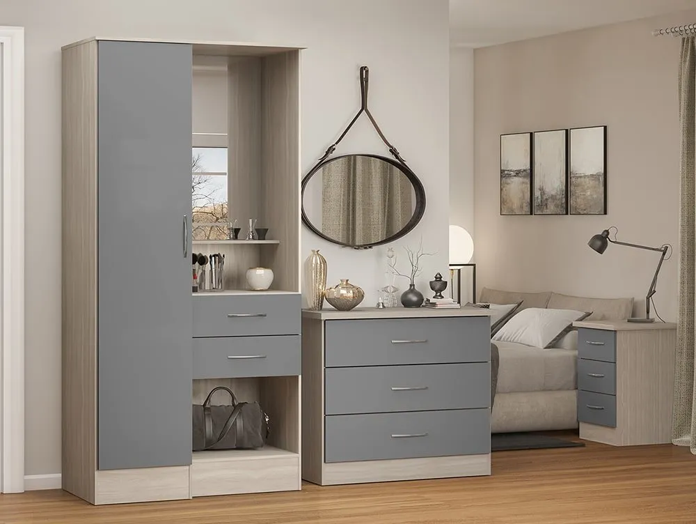 Seconique Seconique Nevada Grey Gloss and Oak 1 Door 2 Drawer Mirrored Wardrobe