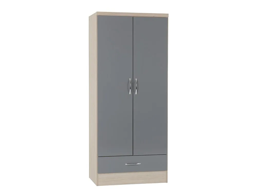 Seconique Seconique Nevada Grey Gloss and Oak 2 Door 1 Drawer Double Wardrobe