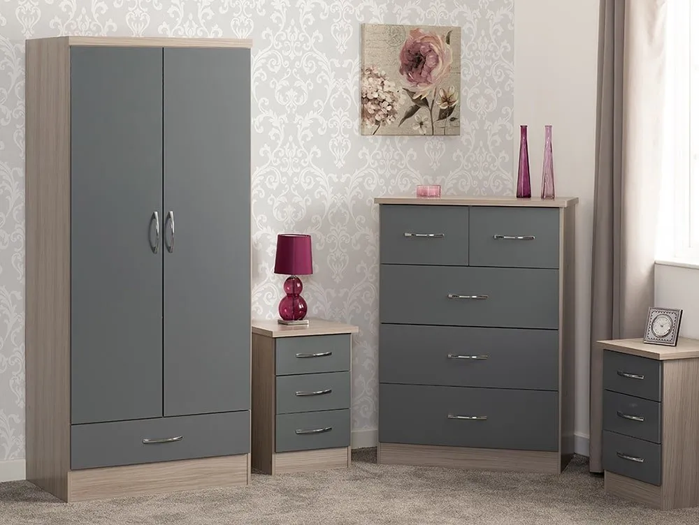 Seconique Seconique Nevada Grey Gloss and Oak 2 Door 1 Drawer Double Wardrobe