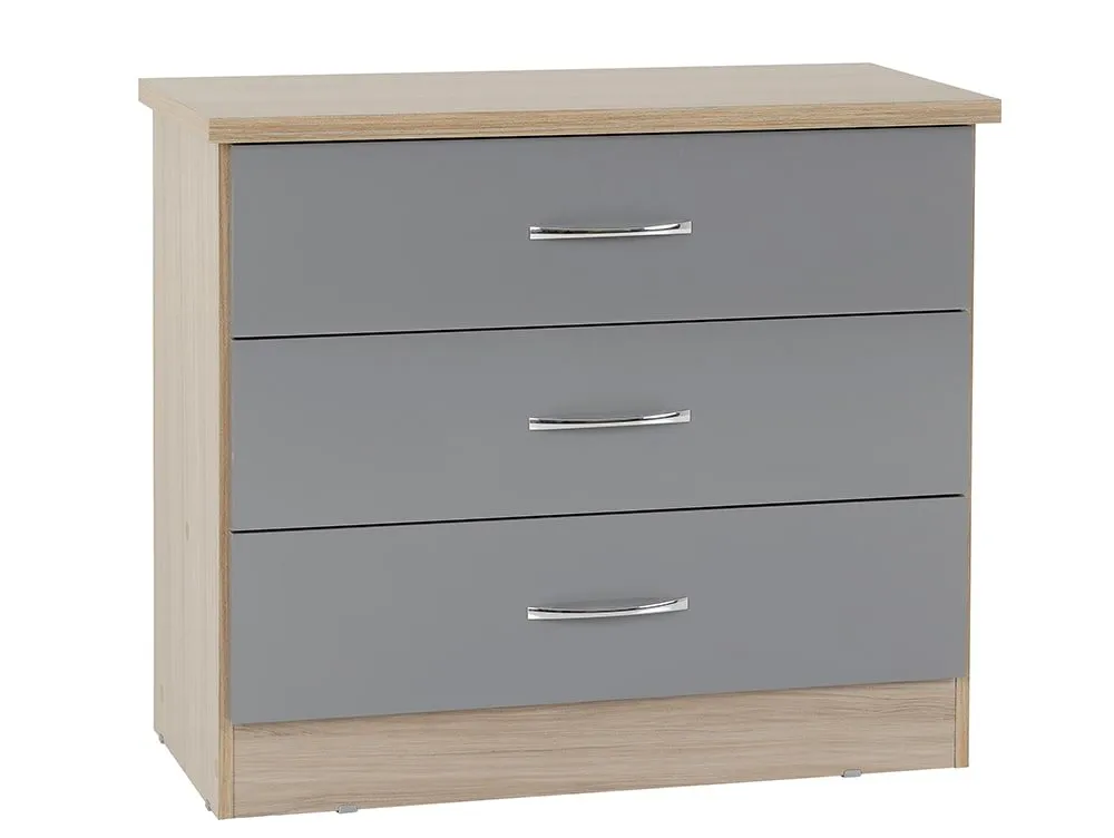 Seconique Seconique Nevada Grey Gloss and Oak 3 Drawer Low Chest of Drawers