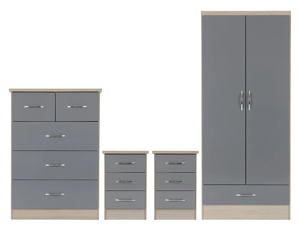 Seconique Seconique Nevada Grey Gloss and Oak 4 Piece Bedroom Furniture Package