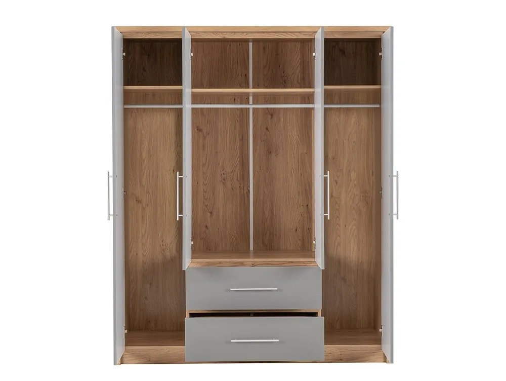 Seconique Seconique Seville Grey High Gloss and Oak 4 Door 2 Drawer Wardrobe