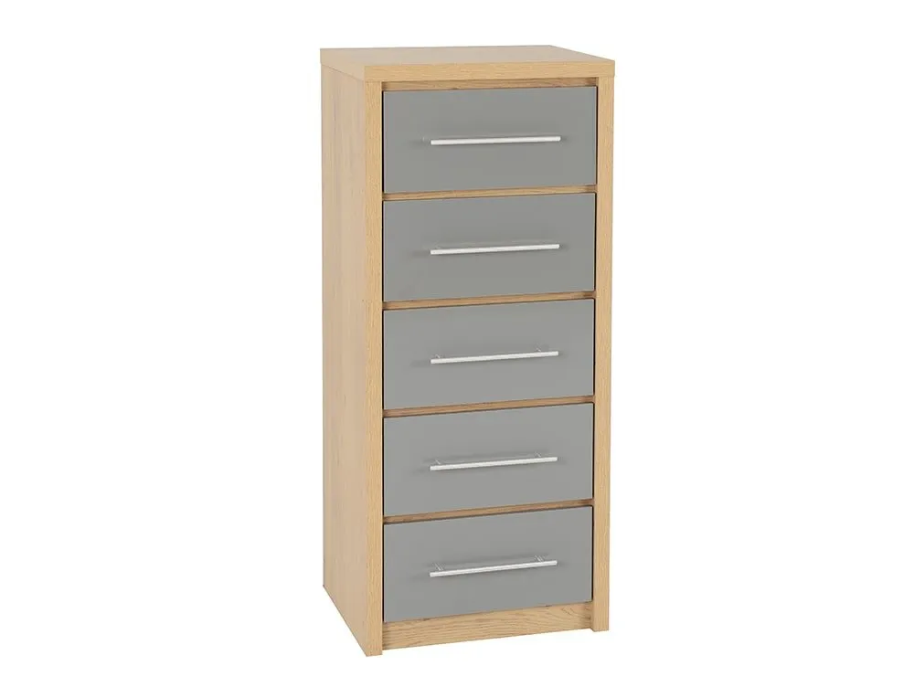 Seconique Seconique Seville Grey High Gloss and Oak 5 Drawer Tall Narrow Chest